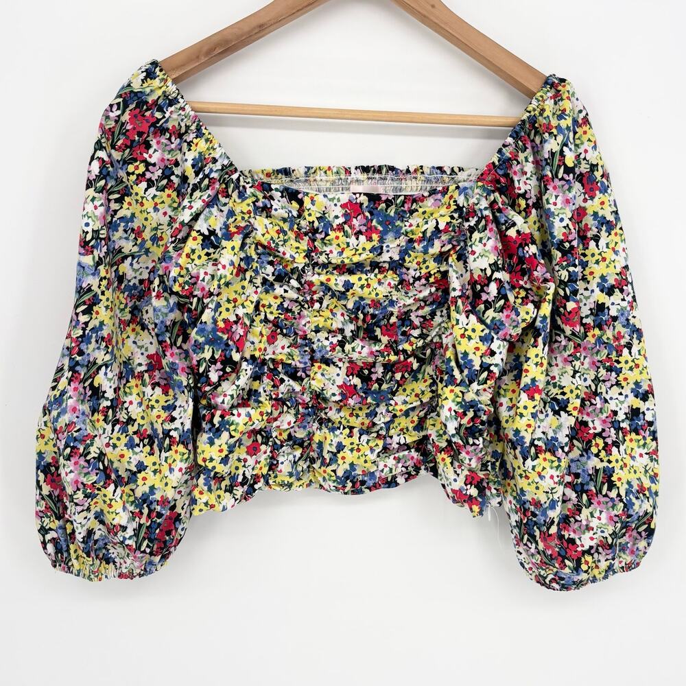 Dizzy Gal Floral Cotton Cropped Puff Sleeve Ruched Bodice Size L